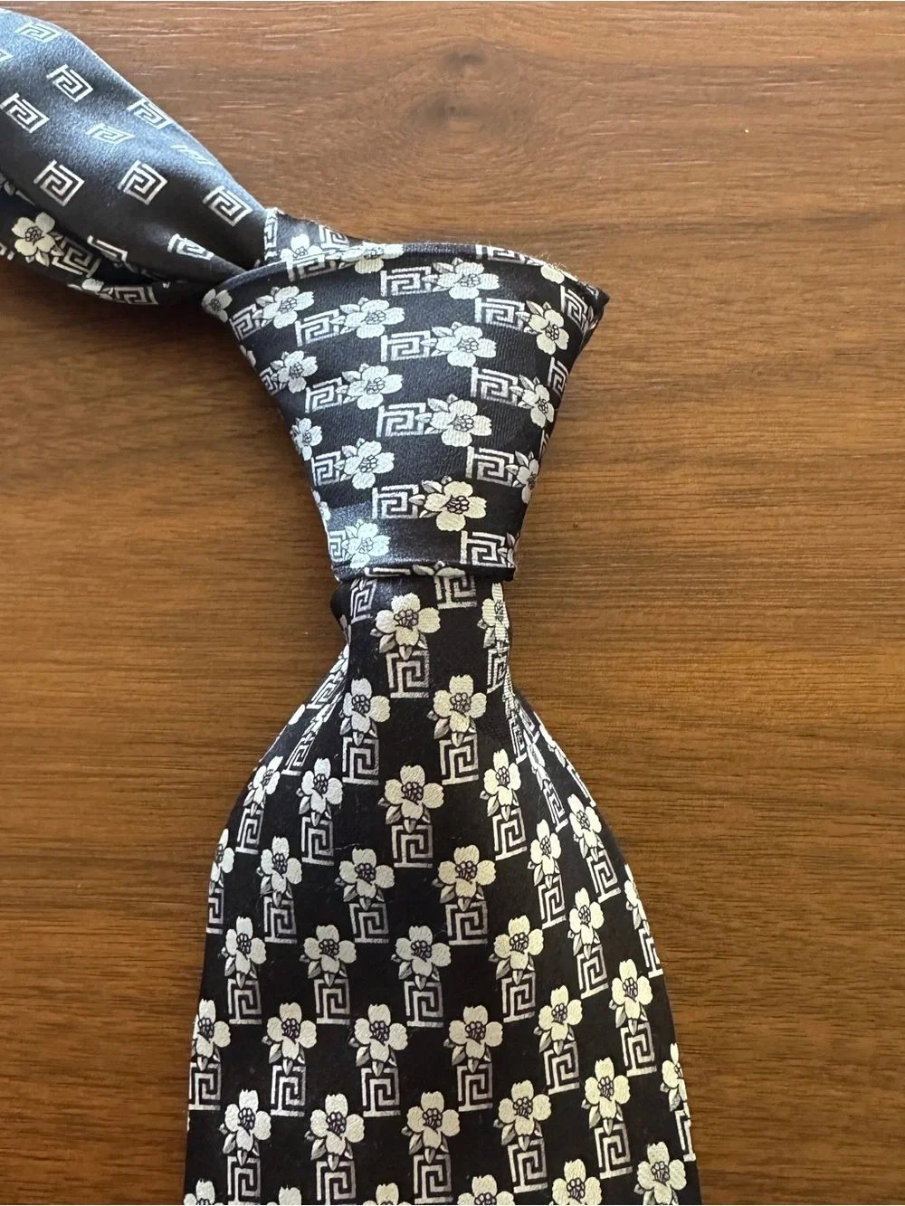 Versace Black & White Greek Key and Floral Silk Tie